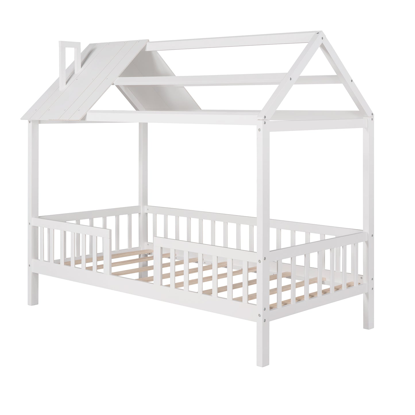 Twin Size Wood House Bed with Fence, White