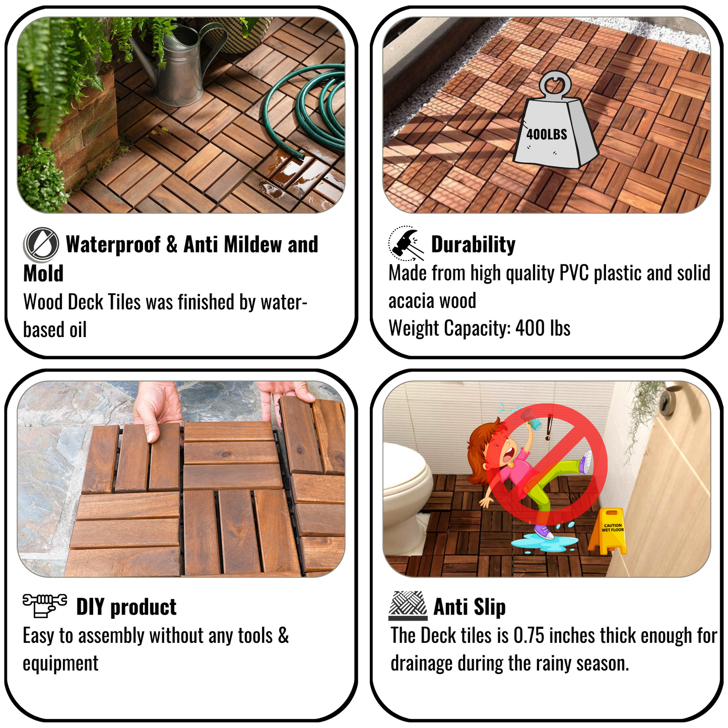 12" x 12" Square Acacia Wood Interlocking Flooring Tiles Checker Pattern Pack of 10 Tiles