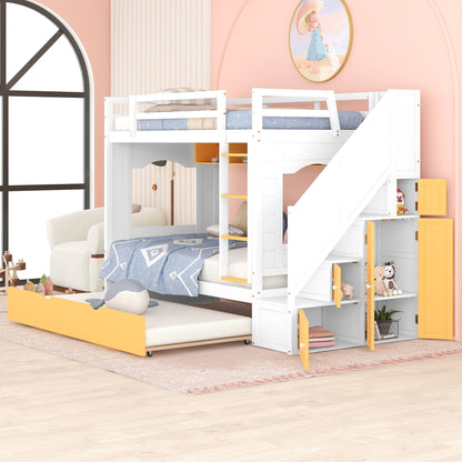 Twin Over Twin Bunk Bed with Trundle ,Stairs,Ladders Solid Wood Bunk bed with Storage Cabinet （White + Yellow）