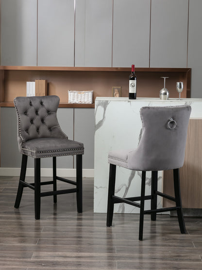 A&A Furniture,Contemporary Velvet Upholstered Barstools with Button Tufted Decoration and Wooden Legs, and Chrome Nailhead Trim, Leisure Style Bar Chairs,Bar stools, Set of 2 (Gray) 1902GY