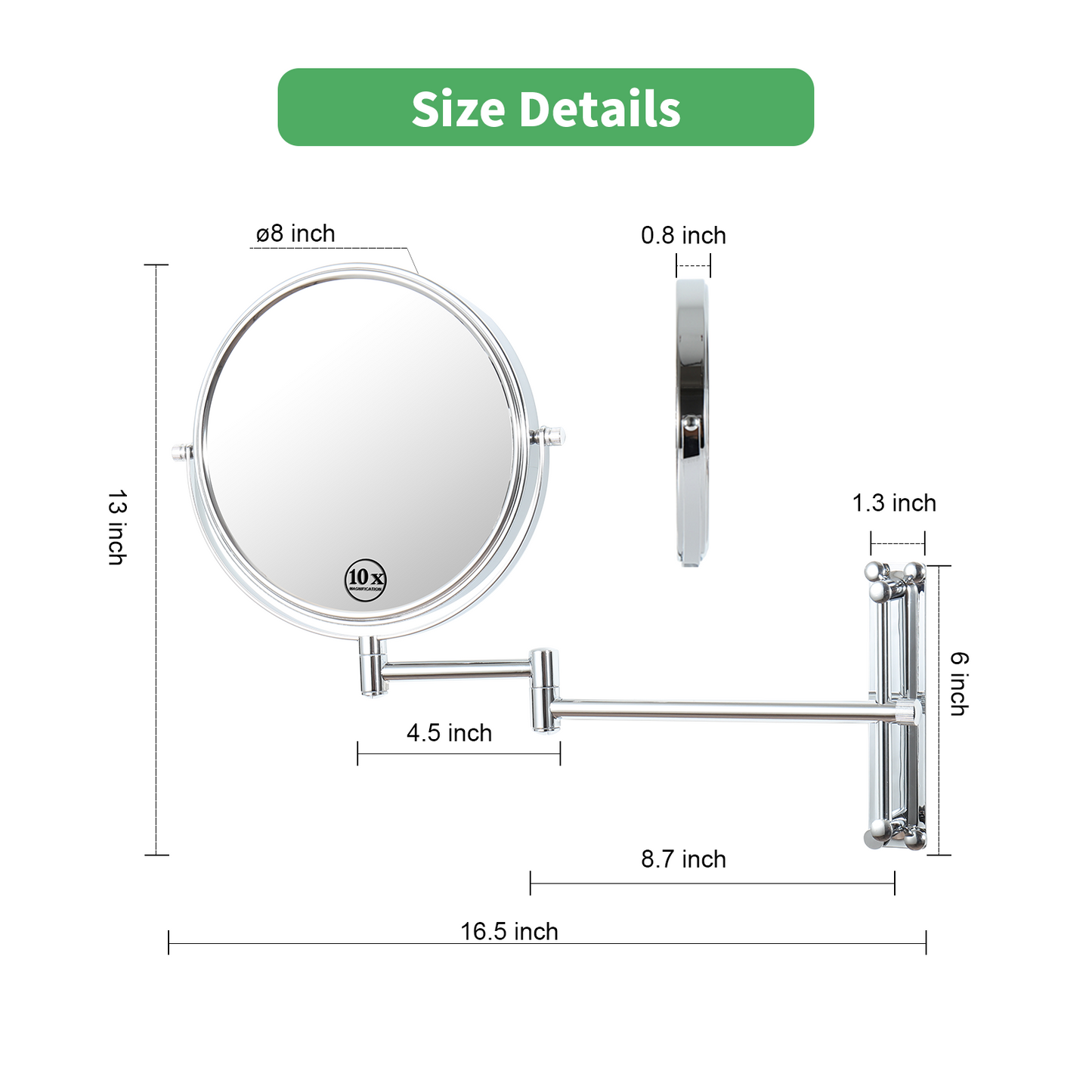 8-inch Wall Mounted Makeup Vanity Mirror, Height Adjustable, 1X / 10X Magnification Mirror, 360° Swivel with Extension Arm (Chrome Finish)