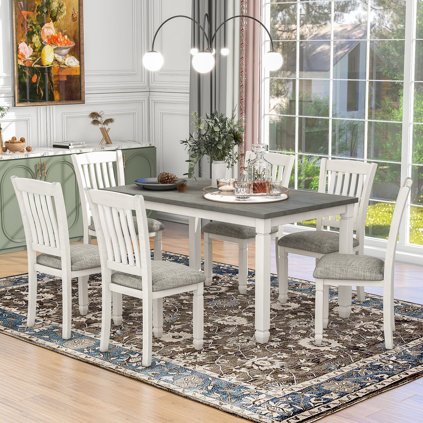 TREXM 7-Piece Dining Table Set Wood Dining Table and 6 Upholstered Chairs with Shaped Legs for Dining Room/Living Room Furniture (Gray+White)