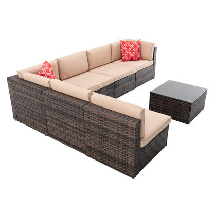 7Pcs Outdoor Garden Patio Furniture  PE Rattan Wicker  Sectional Cushioned Sofa Sets with 2 Pillows and Coffee Tablemodular sectional sofa sets