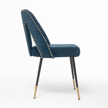 A&A Furniture,Akoya Collection Modern | Contemporary Velvet Upholstered Dining Chair with Nailheads and Gold Tipped Black Metal Legs,Blue,Set of 2