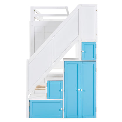 Twin Over Twin Bunk Bed with Trundle ,Stairs,Ladders Solid Wood Bunk bed with Storage Cabinet （White + Blue）