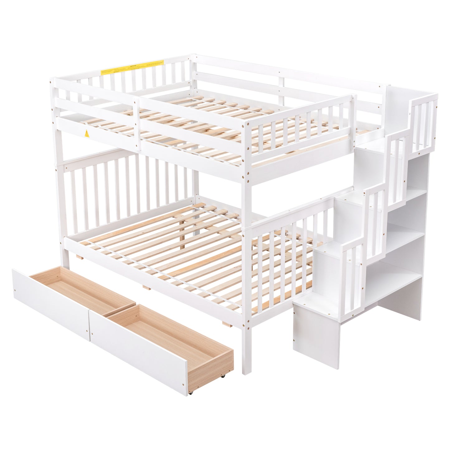 Full Over Full Bunk Bed with 2 Drawers and Staircases, Convertible into 2 Beds, the Bunk Bed with Staircase and Safety Rails for Kids, Teens, Adults, White