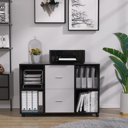 Mobile wood filing cabinet with 2 drawers and 4 open storage cabinets and wheels for home office, black oak light grey