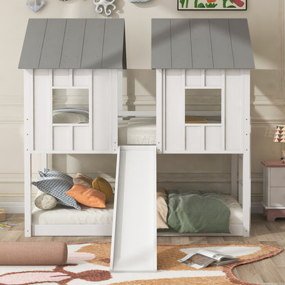 Twin over Twin House Bunk Bed with Slide and Windows,White