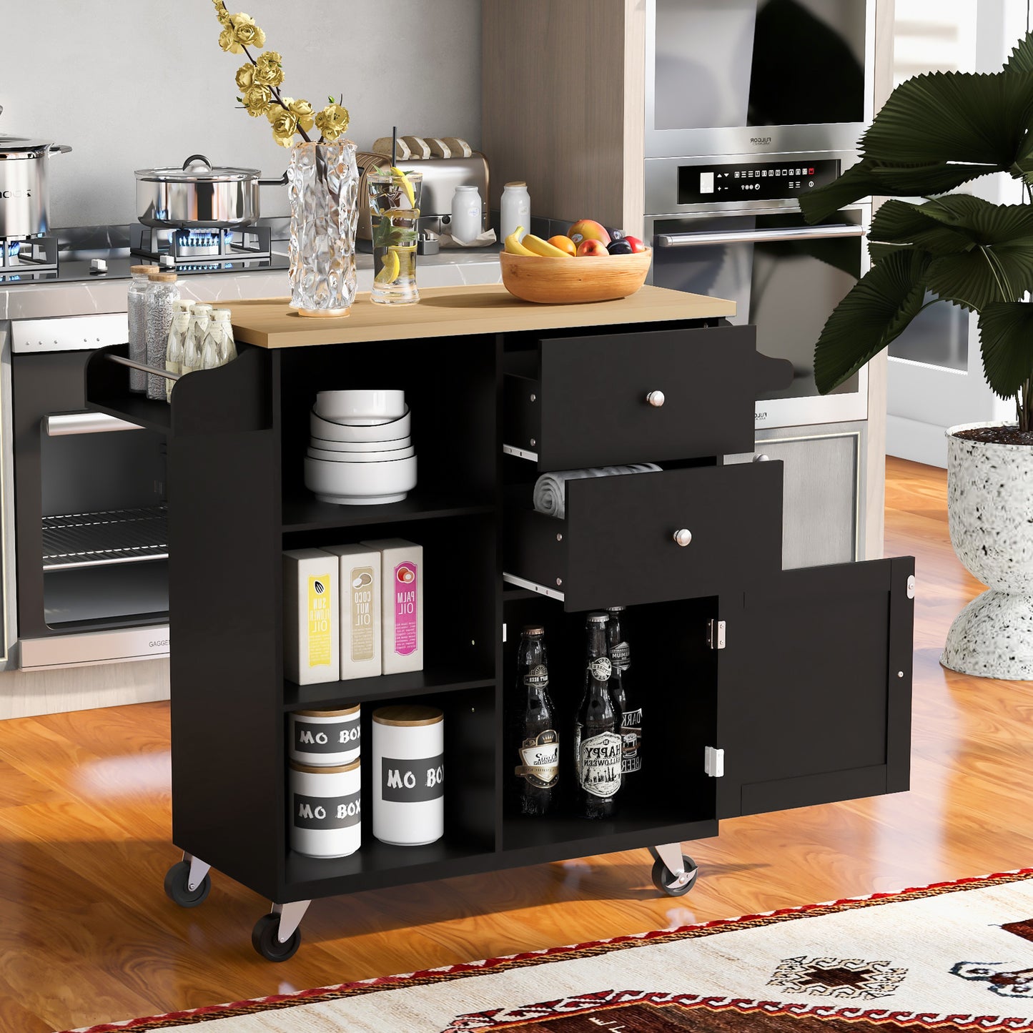 K&K Store Kitchen Cart on 4 Wheels with 2 Drawers and 3 Open Shelves, Kitchen Island with Rubber Wood top for Dinning Room, Black