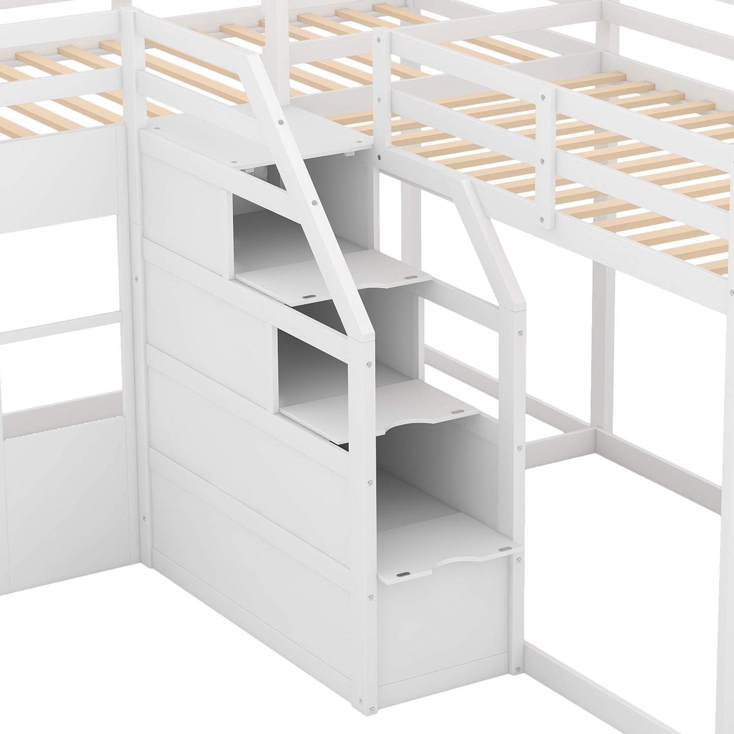 Twin over Twin L-Shaped Bunk Bed with Built-in Middle Staircase,White