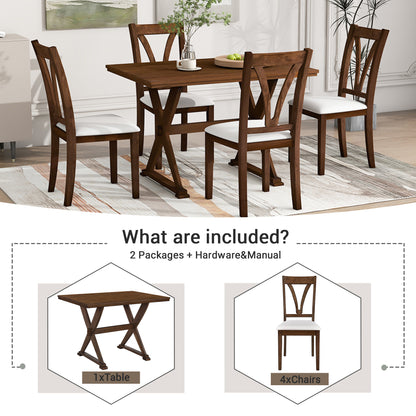 TOPMAX Mid-Century Wood 5-Piece Dining Table Set with 4 Upholstered Dining Chairs for Small Places, Antique Brown