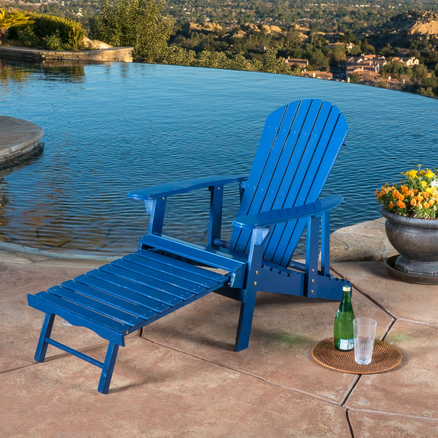 Katherine Outdoor Acacia Adirondack Blue Lounge Chair with Pull Out Footstool