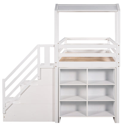 Twin over Full House Roof Bunk Bed with Staircase and Shelves, White