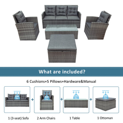 TOPMAX 5-piece Outdoor UV-Resistant Patio Sofa Set with Storage Bench All Weather PE Wicker Furniture Coversation Set with Glass Table, Gray