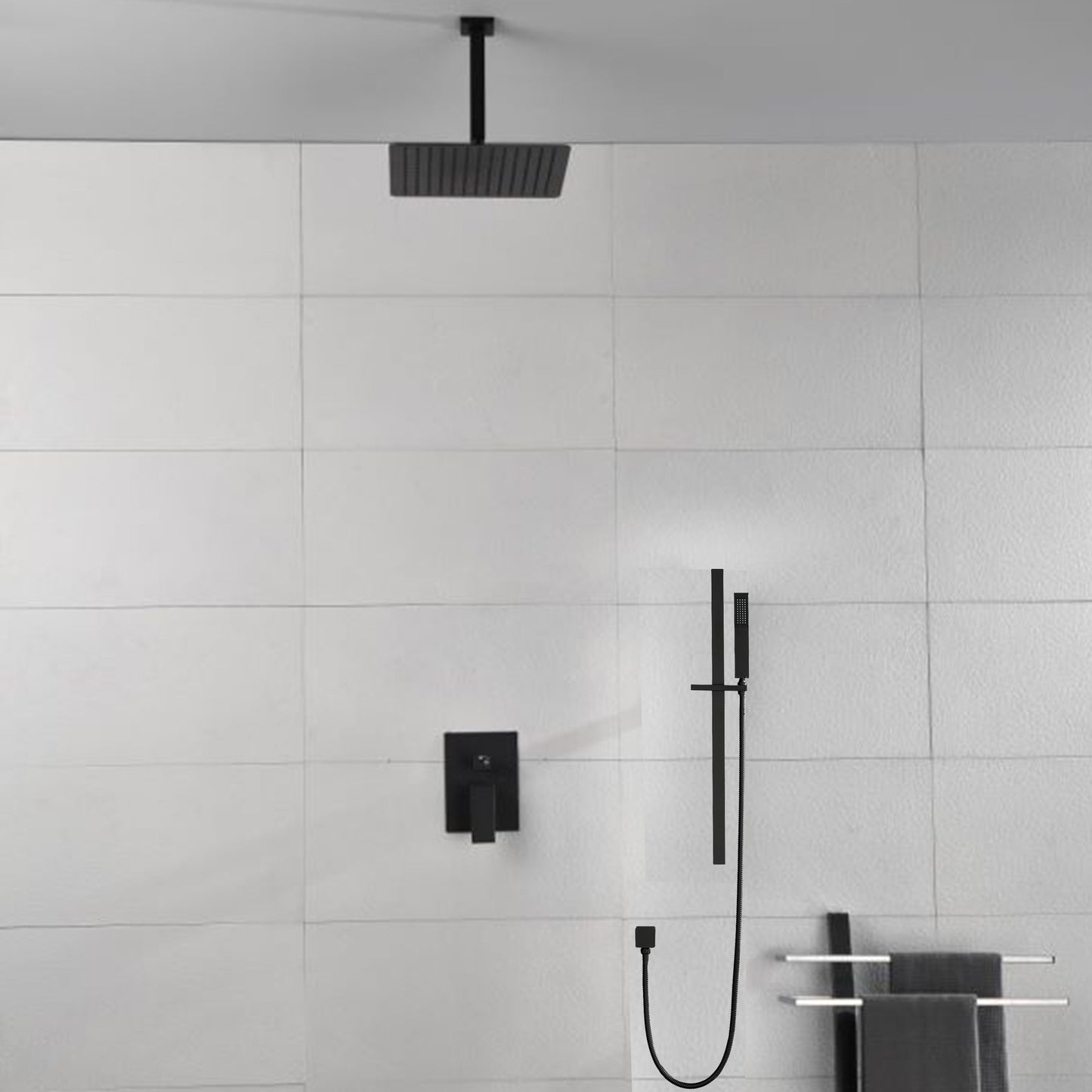 Shower System 16Inch Square Bathroom Luxury Rain Mixer Shower Combo Set Pressure Balanced Shower System with Shower Head, Hand Shower, Slide Bar, Shower Arm, Hose, and Valve Trim