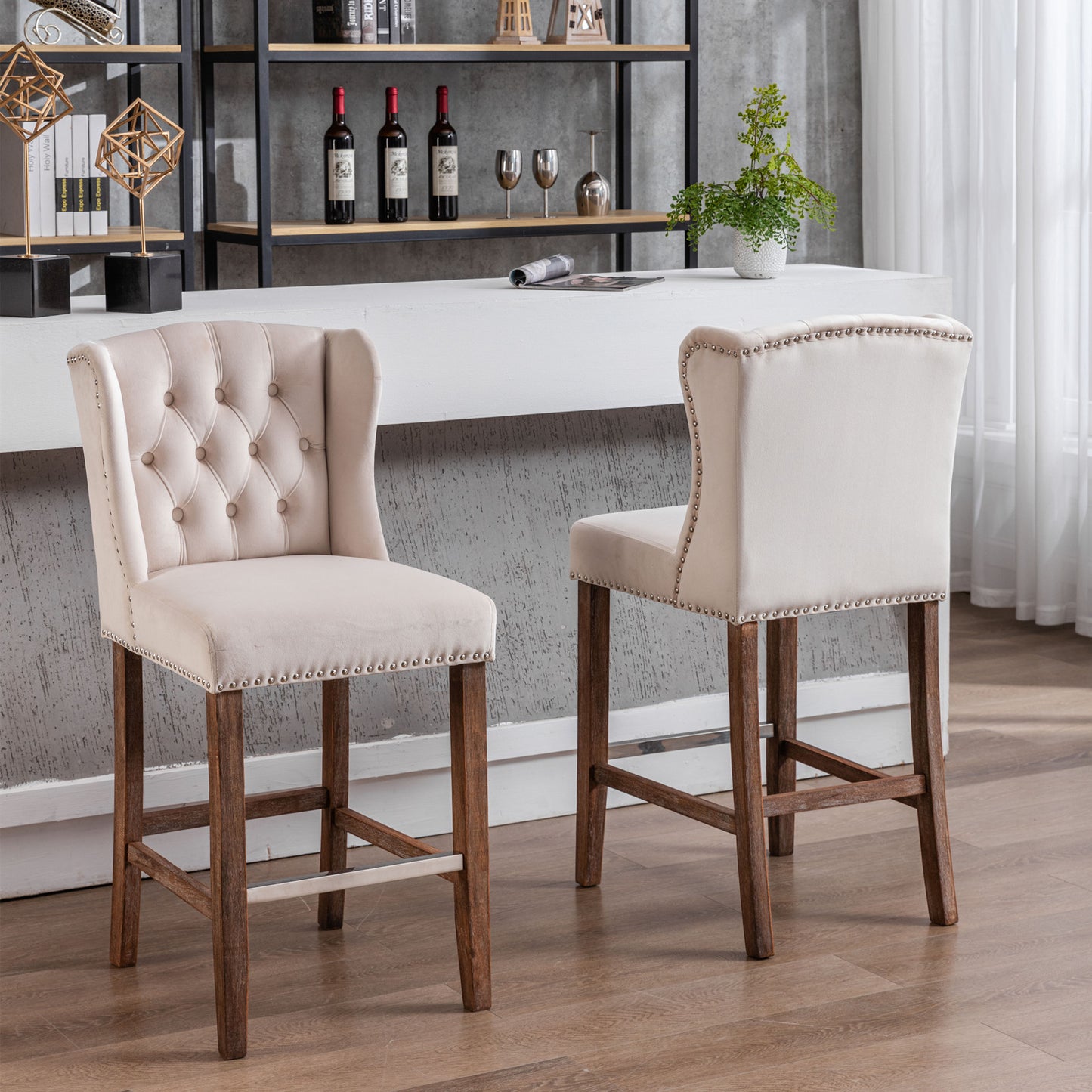 A&A Furniture,Counter Height Bar Stools, Upholstered 27" Seat Height Barstools, Wingback Breakfast Chairs with Nailhead-Trim & Tufted Back, Wood Legs, Set of 2(Beige)