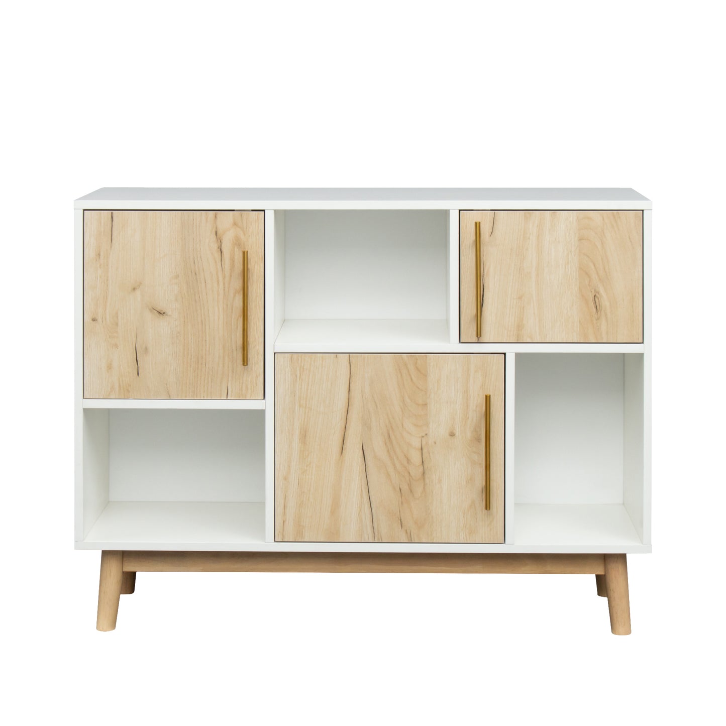 Multi-purpose storage cabinet with display stand and door, entrance channel, modern buffet or kitchen sideboard, TV cabinet, white and oak