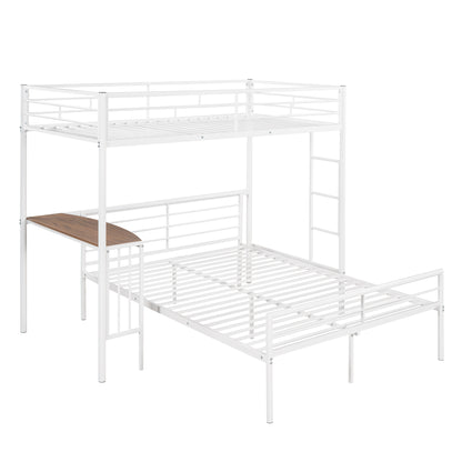 Twin Over Full Metal Bunk Bed with Desk, Ladder and Quality Slats for Bedroom, Metallic  White（OLD SKU :LP000092AAK）