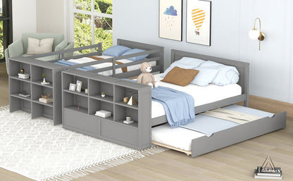 Twin over Full Bunk Bed with Trundle and Shelves, can be Separated into Three Separate Platform Beds, Gray