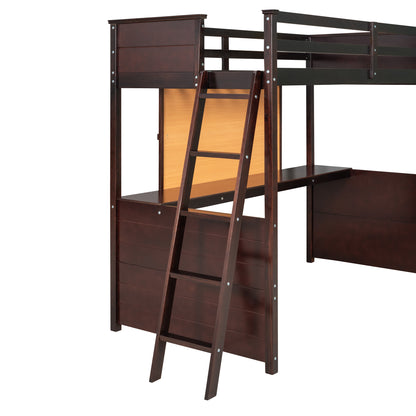 Twin size Loft Bed with Desk and Writing Board, Wooden Loft Bed with Desk - Espresso