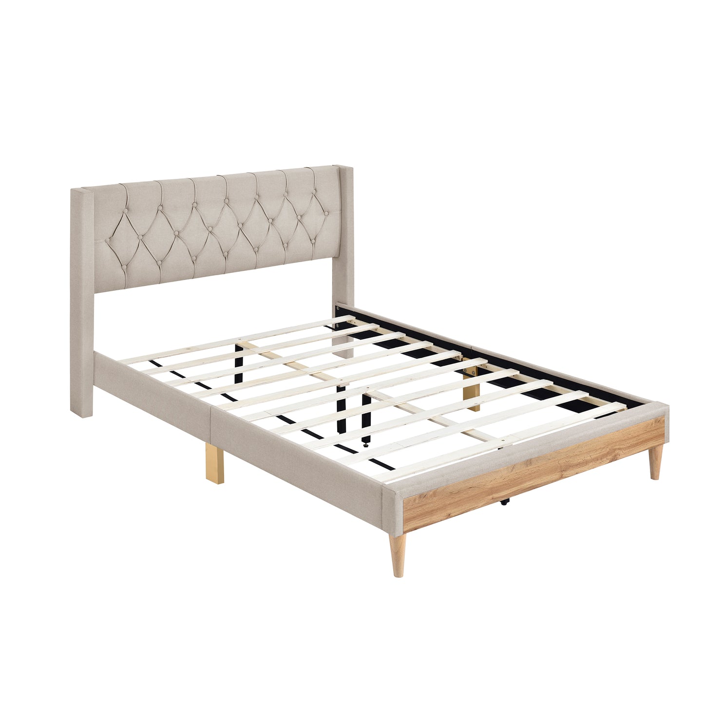 Upholstered Platform Bed with Rubber Wood Legs,No Box Spring Needed, Linen Fabric,Full Size-Beige