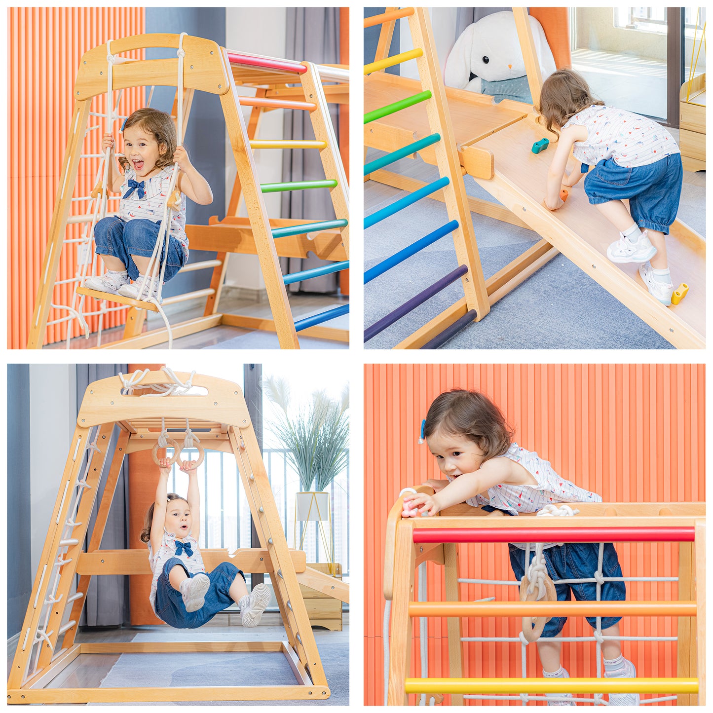 Indoor 7 in 1 children solid wood beech wood climbing frame baby slide18 months to 10 years old indoor ring swing small amusement park family small fitness