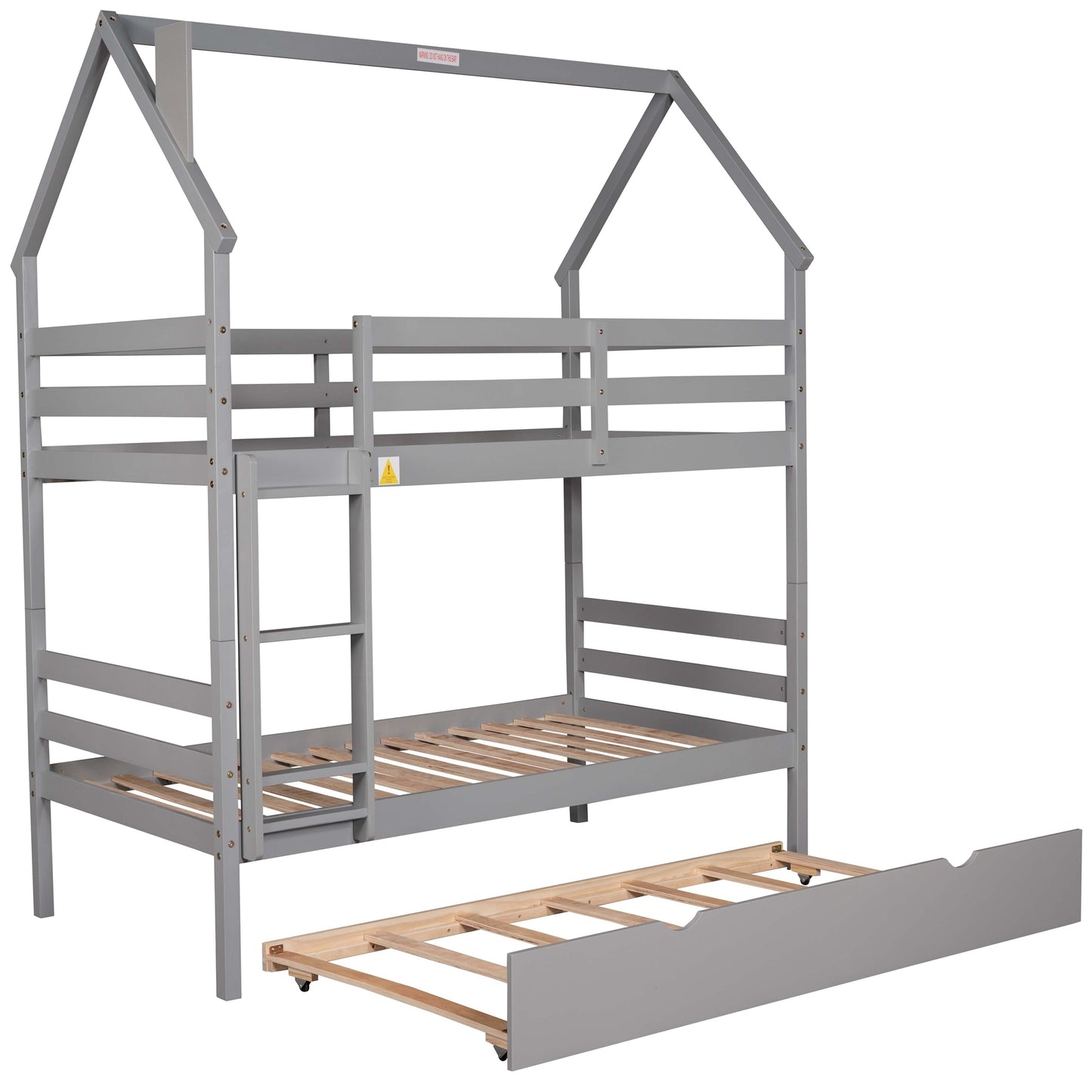 Twin over Twin House Bunk Bed with Trundle and Chimney Design,Gray