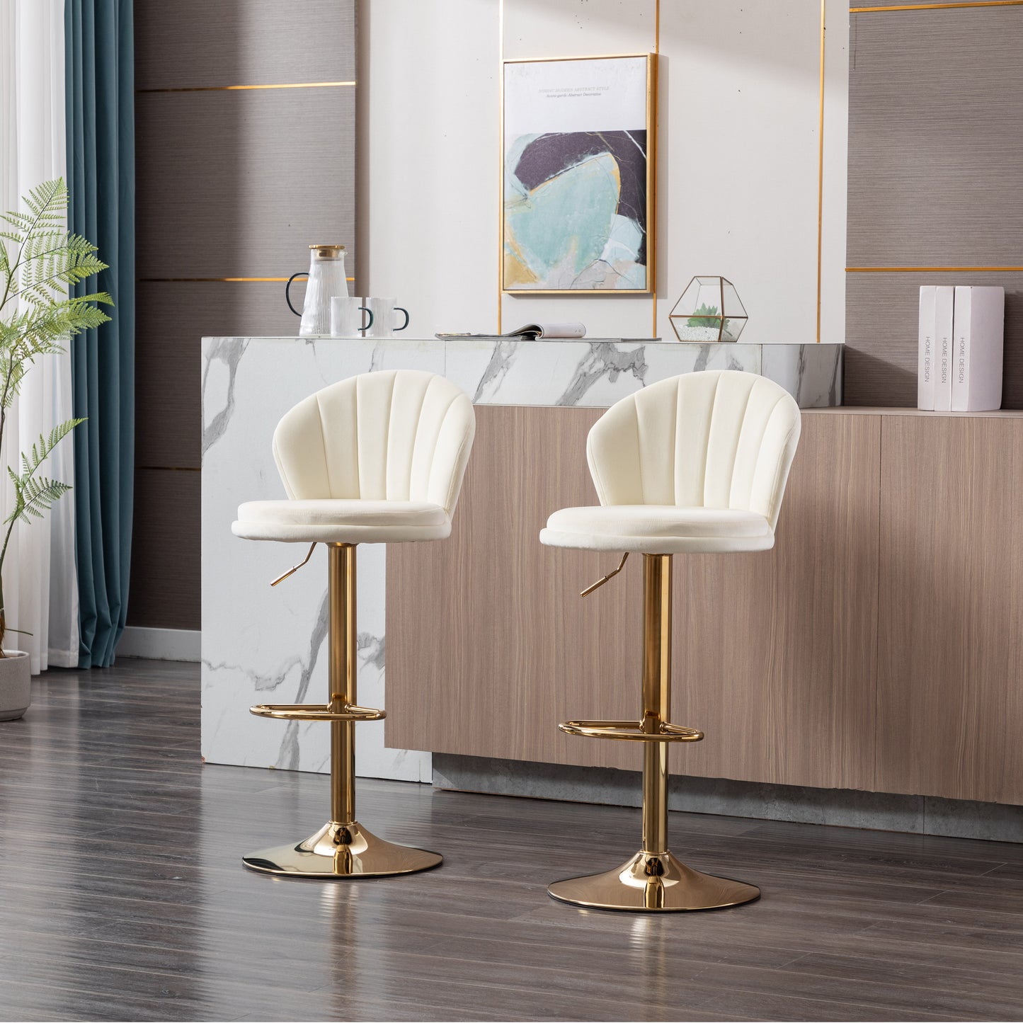 Set of 2  Bar Stools,with Chrome Footrest and Base Swivel Height Adjustable Mechanical Lifting Velvet + Golden Leg Simple Bar Stool-Cream