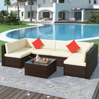 TOPMAX Patio Furniture Set PE Rattan Sectional Garden Furniture Corner Sofa Set (7 Pieces, Beige)