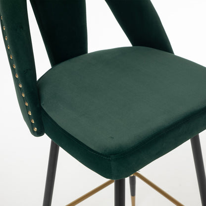 A&A Furniture,Akoya Collection Modern | Contemporary Velvet Upholstered Connor 28" Bar Stool & Counter Stools with Nailheads and Gold Tipped Black Metal Legs,Set of 2 (Green)