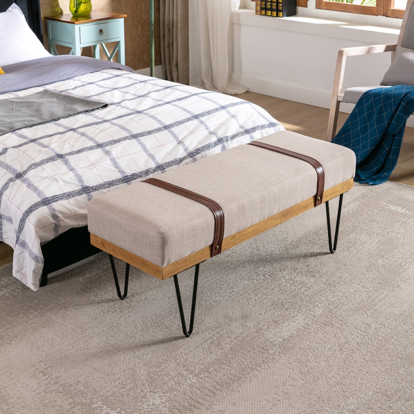 Linen Fabric soft cushion Upholstered solid wood frame Rectangle bed bench with powder coating metal legs ,Entryway footstool