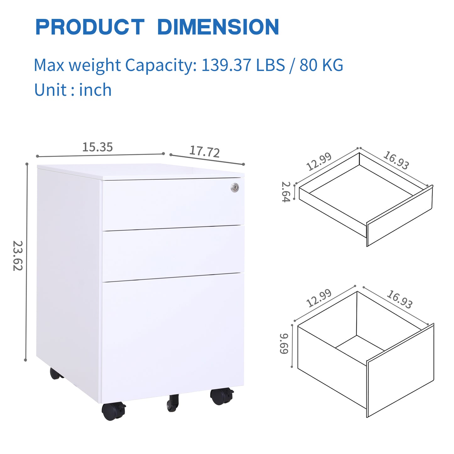 3 Drawer Mobile File Cabinet with Lock Steel File Cabinet for Legal/Letter/A4/F4 Size, Fully Assembled Include Wheels, Home/ Office Design