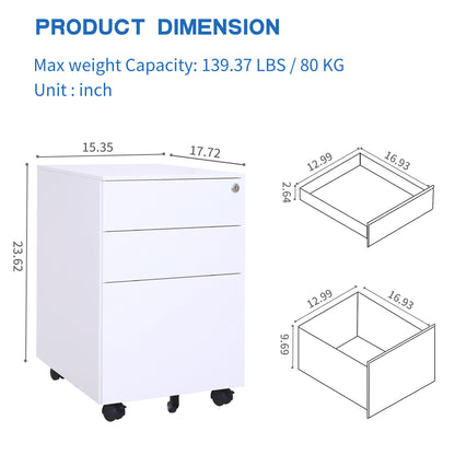 3 Drawer Mobile File Cabinet with Lock Steel File Cabinet for Legal/Letter/A4/F4 Size, Fully Assembled Include Wheels, Home/ Office Design