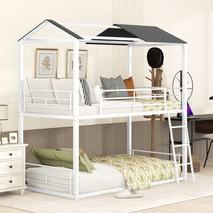 Twin Over Twin Bunk Bed Metal Bed with Half Roof, Guardrail and Ladder White