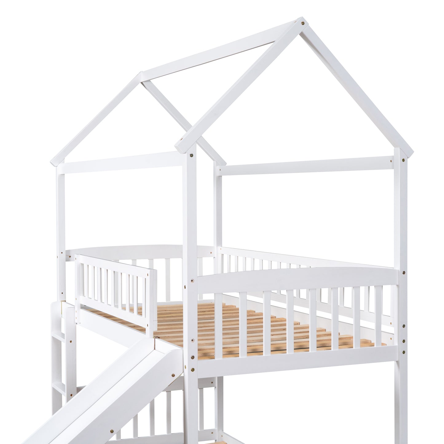 Twin Over Twin Bunk Bed with Slide, House Bed with Slide, White(OLD SKU: LT000213AAK)