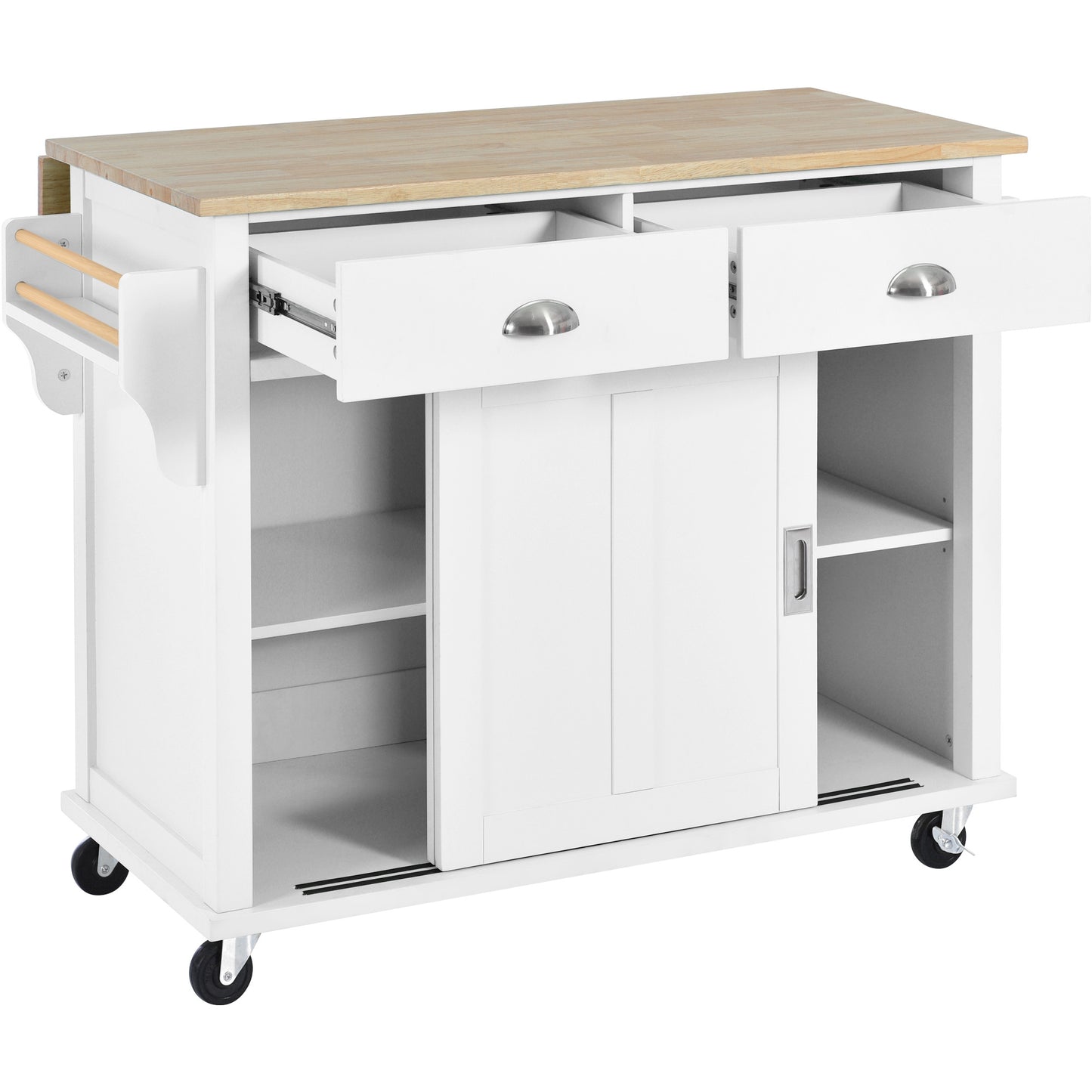 K&K Kitchen Cart with Rubber wood Drop-Leaf Countertop, Concealed sliding barn door adjustable height,Kitchen Island on 4 Wheels with Storage Cabinet and 2 Drawers,L52.2xW30.5xH36.6 inch, White