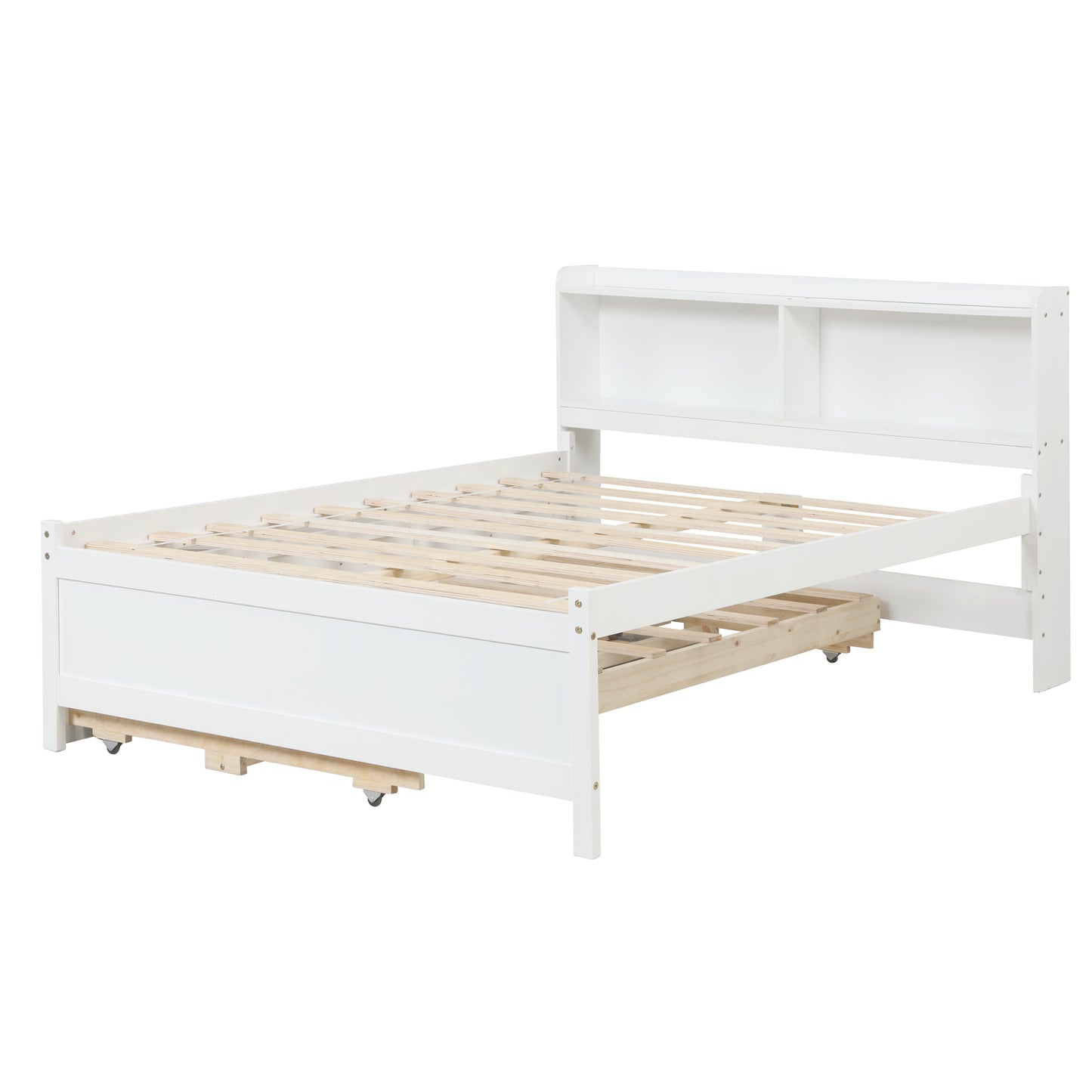 Full Bed with Bookcase,Twin Trundle,Drawers,White