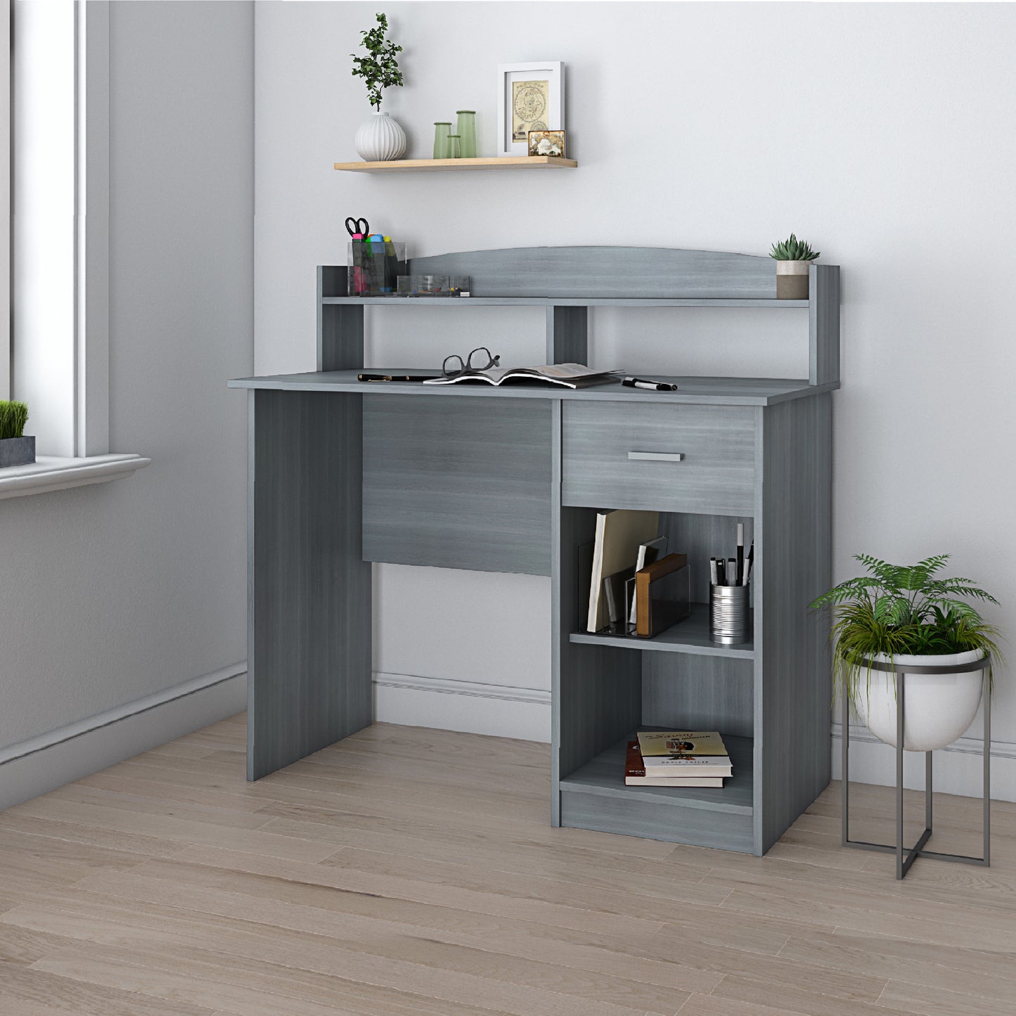 Techni Mobili Modern Office Desk with Hutch, Grey