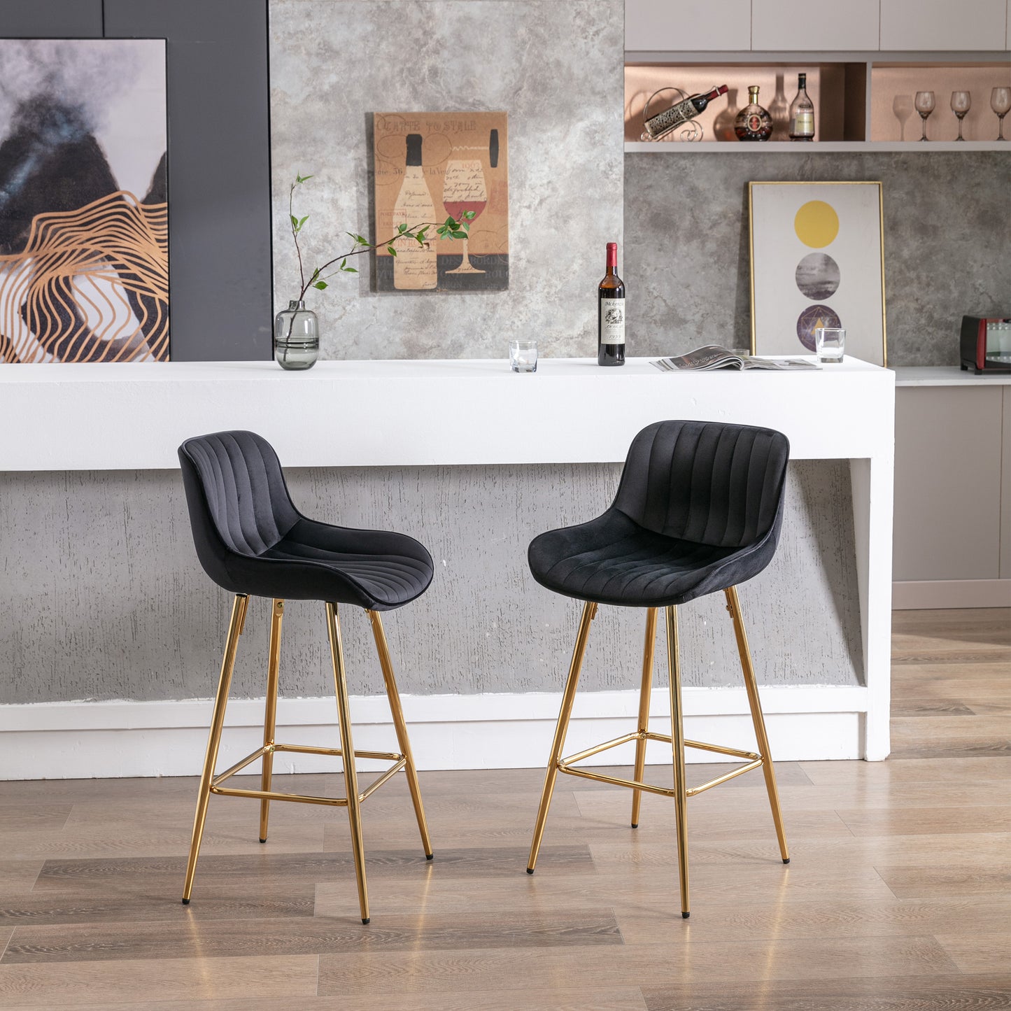 26 Inch Set of 2 Bar Stools,with Chrome Footrest  Velvet Fabric Counter Stool Golden Leg Simple Bar Stool,BLACK