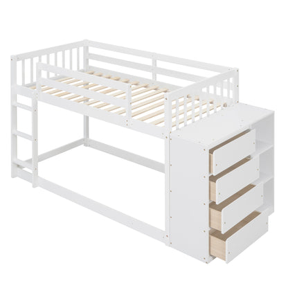 Twin over Twin Bunk Bed with 4 Drawers and 3 Shelves-White（OLD SKU: LP000067AAK）