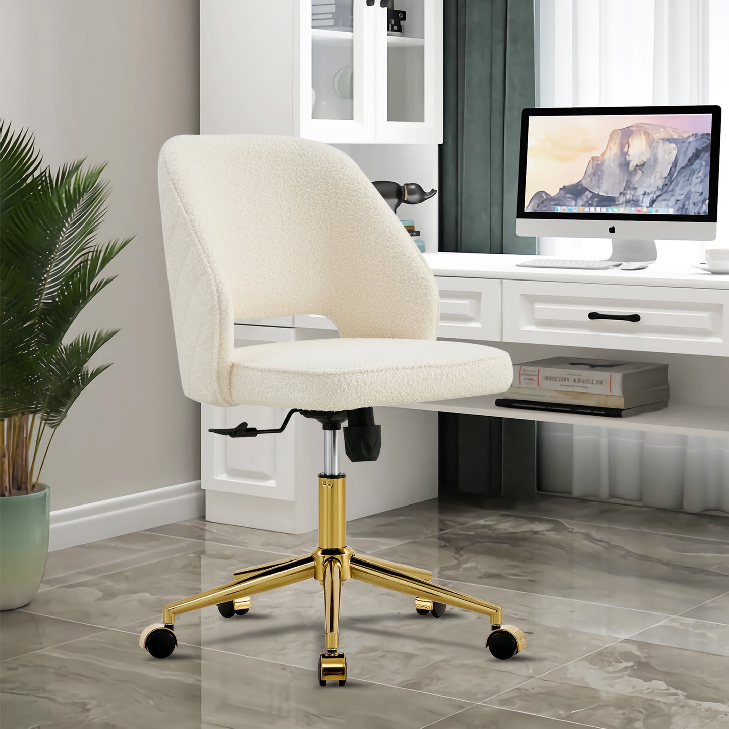 Modern Home Teddy Velvet Office Chairs, Adjustable 360 °Swivel Chair Engineering Plastic Armless Swivel Computer Chair With Wheels for Living Room, Bed Room Office Hotel Dining Room.White.