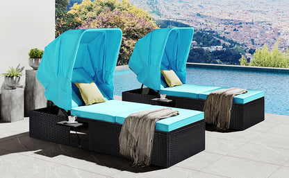 TOPMAX 76.8" Long Reclining Single Chaise Lounge with Cushions,Canopy and Cup Table, Black Wicker+ Blue Cushion, Set of 2