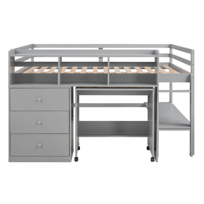 Full Size Low Loft Bed with Rolling Portable Desk, Drawers and Shelves,  Gray