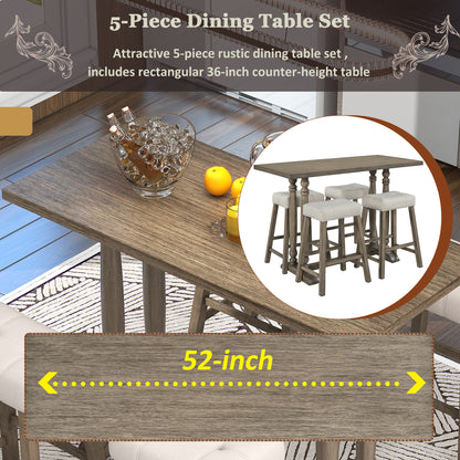 TREXM 5-Piece Dining Table Set, Counter Height Dining Furniture with a Rustic Table and 4 Upholstered Stools for Kitchen, Dining Room (Light Brown)