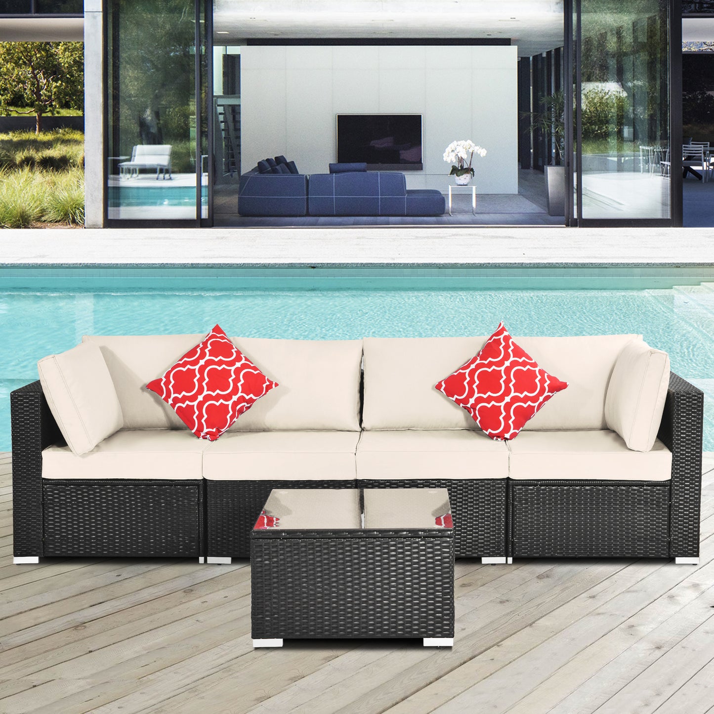 Outdoor Garden Patio Furniture 5-Piece PE Rattan Wicker Cushioned Sofa Sets with 2 Pillows and Coffee Table, outdoor couch；outdoor sectional；porch furniture；patio couch；outdoor sofa；patio furniture se