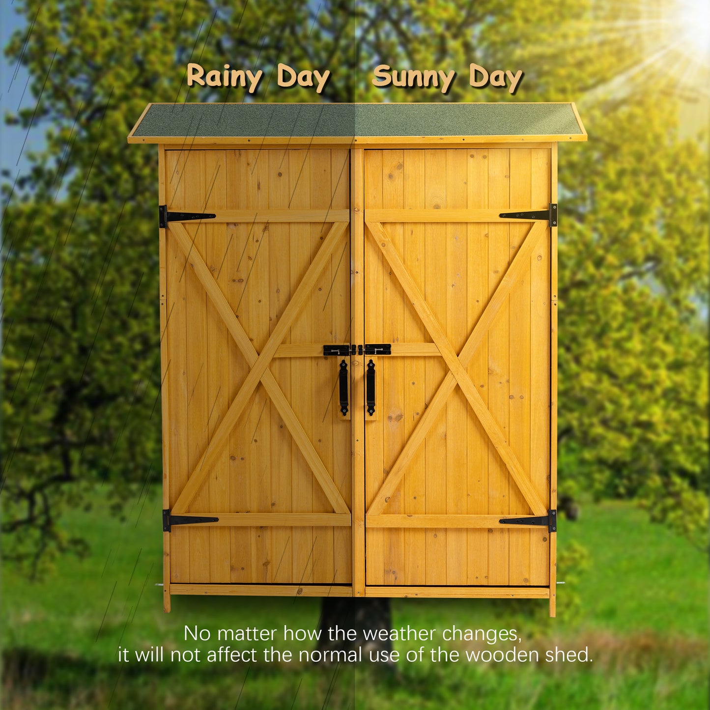 56”L x 19.5”W x 64”H Outdoor Storage Shed with Lockable Door, Wooden Tool Storage Shed w/Detachable Shelves & Pitch Roof, Natural