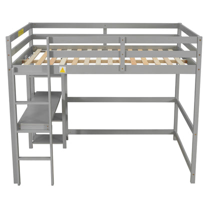 Full Loft Bed with Desk and Shelves,Gray