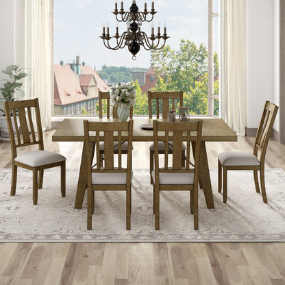 TREXM 7-Piece Dining Room Set - 72" Industrial Style Rectangular Table with Chain Bracket and 6 Dining Chairs (Natural Walnut)