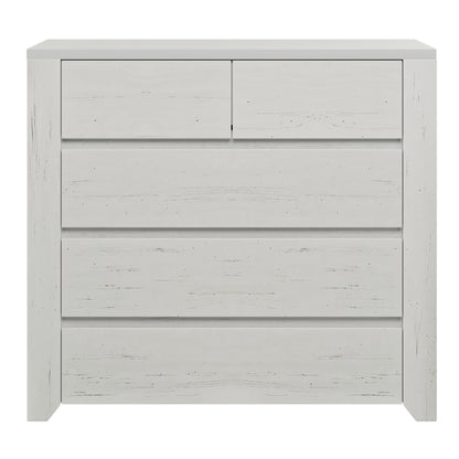 Off White Simple Style Manufacture Wood Chest with Gray Wood Grain Sticker Surfaces Five Drawers Large Storage Space for Living Room Bedroom Guest Room Children’s Room