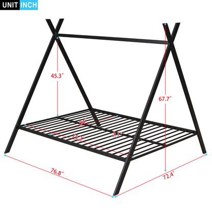 House Bed Tent Bed Frame Full Size Metal Floor Play House Bed with Slat for Kids Girls Boys , No Box Spring Needed Black